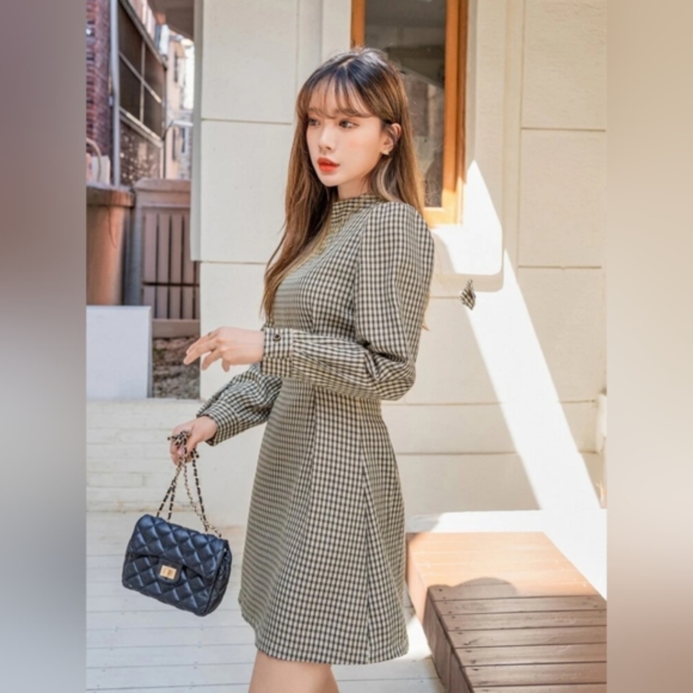 DAZY Gingham Mock Neck Puff Sleeve Dress